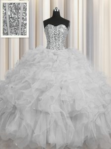 Visible Boning Grey Lace Up Sweetheart Beading and Ruffles and Sequins Quinceanera Gown Tulle Sleeveless