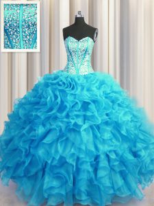 Attractive Visible Boning Bling-bling Organza Sweetheart Sleeveless Lace Up Beading and Ruffles Quince Ball Gowns in Baby Blue