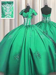 Turquoise Lace Up Quince Ball Gowns Beading and Appliques and Ruching Short Sleeves Floor Length