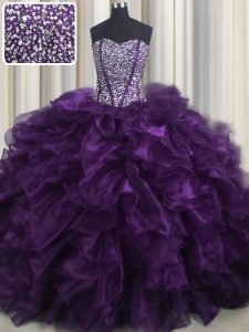 High Class Bling-bling Sleeveless Organza With Brush Train Lace Up Quinceanera Dress in Purple with Beading and Ruffles