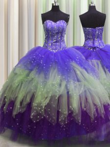 Colorful Visible Boning Sleeveless Tulle Floor Length Lace Up Quinceanera Dresses in Multi-color with Beading and Ruffles and Sequins