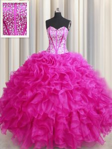 Extravagant Visible Boning Bling-bling Organza Sleeveless Floor Length Quinceanera Gown and Beading and Ruffles