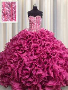 Popular Visible Boning Hot Pink Sweetheart Lace Up Beading and Ruffles Quince Ball Gowns Sleeveless