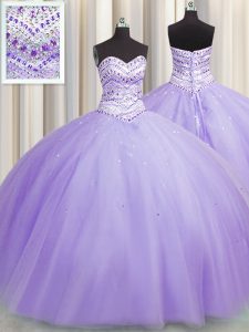Bling-bling Puffy Skirt Lavender Sweet 16 Dress Military Ball and Sweet 16 and Quinceanera with Beading Sweetheart Sleeveless Lace Up