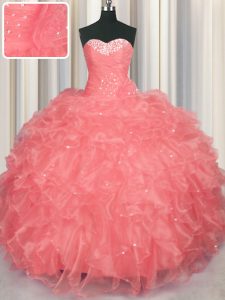 High Quality Watermelon Red Organza Lace Up Sweet 16 Dress Sleeveless Floor Length Beading and Ruffles