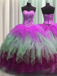 Discount Visible Boning Multi-color Tulle Lace Up Quinceanera Gown Sleeveless Floor Length Beading and Ruffles and Sequins