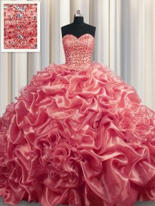 Chic Sleeveless Organza With Train Court Train Lace Up Quince Ball Gowns in Watermelon Red with Beading and Pick Ups