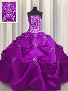 Embroidery Eggplant Purple Sleeveless Taffeta Lace Up Sweet 16 Dress for Military Ball and Sweet 16 and Quinceanera