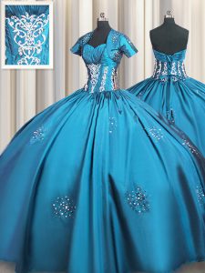 Teal Lace Up Sweetheart Beading and Appliques and Ruching Sweet 16 Dresses Taffeta Short Sleeves