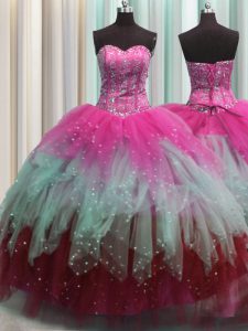Custom Designed Visible Boning Multi-color Ball Gowns Beading and Ruffles and Sequins Sweet 16 Quinceanera Dress Lace Up Tulle Sleeveless Floor Length