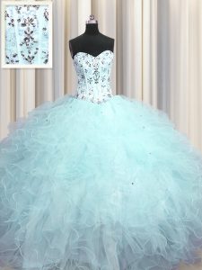 Customized Visible Boning Light Blue Sweetheart Lace Up Beading and Appliques and Ruffles Vestidos de Quinceanera Sleeveless
