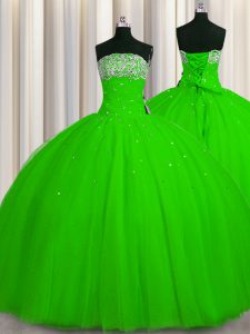 Big Puffy Strapless Sleeveless Tulle Quinceanera Dress Beading and Sequins Lace Up