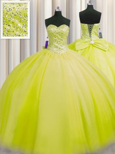 Really Puffy Yellow Green Ball Gowns Tulle Sweetheart Sleeveless Beading Floor Length Lace Up Ball Gown Prom Dress