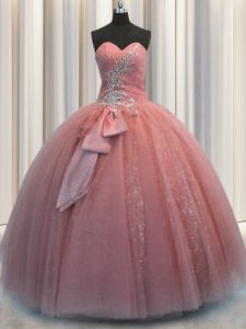 Latest Tulle Sweetheart Sleeveless Lace Up Beading and Sequins and Bowknot Quinceanera Dresses in Watermelon Red