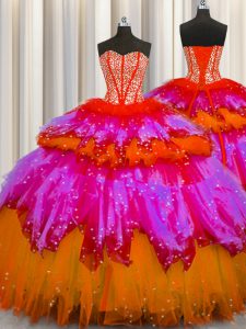 Sweet Bling-bling Visible Boning Beading and Ruffles and Ruffled Layers and Sequins 15th Birthday Dress Multi-color Lace Up Sleeveless Floor Length