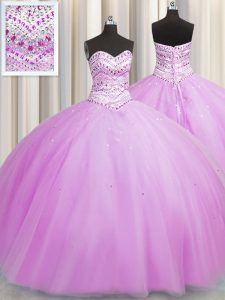 Pretty Bling-bling Really Puffy Ball Gowns Vestidos de Quinceanera Lilac Sweetheart Tulle Sleeveless Floor Length Lace Up