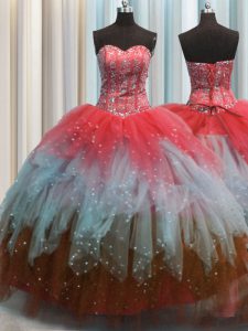 Visible Boning Tulle Sweetheart Sleeveless Lace Up Beading and Ruffles and Sequins Quinceanera Gown in Multi-color