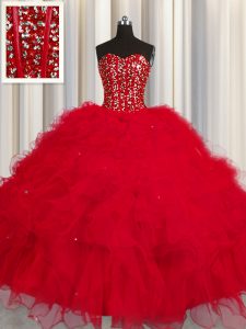 Visible Boning Red Sleeveless Floor Length Beading and Ruffles and Sequins Lace Up Sweet 16 Quinceanera Dress