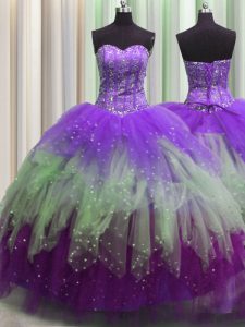 High Class Visible Boning Multi-color Ball Gowns Beading and Ruffles and Sequins Sweet 16 Dresses Lace Up Tulle Sleeveless Floor Length