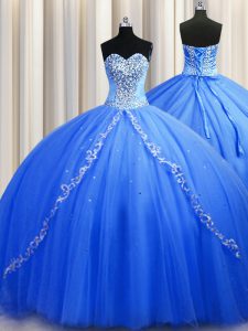 Stylish Blue Tulle Lace Up Sweetheart Sleeveless Quinceanera Gowns Brush Train Beading