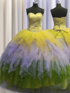 Visible Boning Multi-color Ball Gowns Sweetheart Sleeveless Tulle Floor Length Lace Up Beading and Ruffles and Sequins 15th Birthday Dress