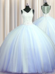 Cute See Through Zipper Up With Train Zipper Ball Gown Prom Dress Light Blue for Military Ball and Sweet 16 and Quinceanera with Beading and Appliques Brush Train