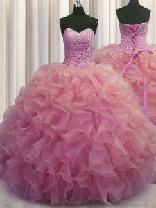 Sleeveless Organza Floor Length Lace Up Quince Ball Gowns in Watermelon Red with Beading and Ruffles