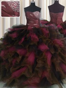 Low Price Sleeveless Floor Length Beading and Ruffles and Ruffled Layers Lace Up Vestidos de Quinceanera with Wine Red