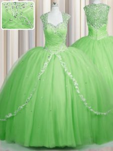 See Through Quinceanera Gown Military Ball and Sweet 16 and Quinceanera with Beading and Appliques Sweetheart Cap Sleeves Brush Train Zipper