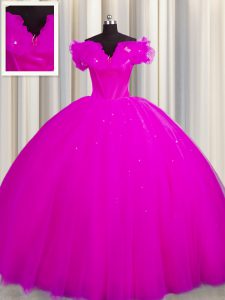 Off The Shoulder Fuchsia Short Sleeves Court Train Ruching With Train Quinceanera Gown