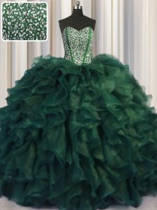 Pretty Bling-bling Dark Green Lace Up Sweetheart Beading and Ruffles Quinceanera Gown Organza Sleeveless Brush Train