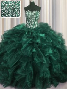 Visible Boning Bling-bling Sweetheart Sleeveless 15th Birthday Dress With Brush Train Beading and Ruffles Turquoise Organza