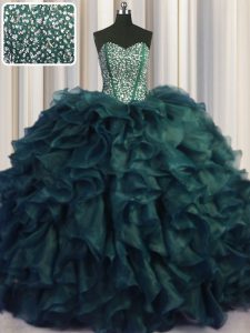 Chic Visible Boning Bling-bling Sweetheart Sleeveless Ball Gown Prom Dress With Brush Train Beading and Ruffles Peacock Green Organza