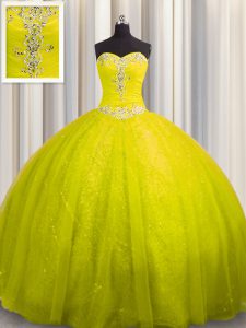 Comfortable Sequined Yellow Sweetheart Lace Up Beading and Appliques Sweet 16 Dress Court Train Sleeveless