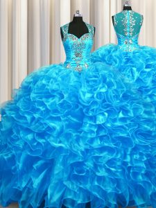 Beauteous Zipper Up See Through Back Sleeveless Organza With Train Zipper Quinceanera Gown in Baby Blue with Beading and Ruffles