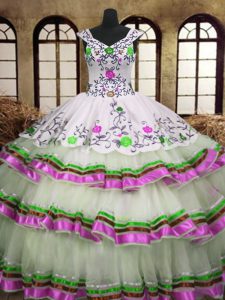Multi-color A-line V-neck Sleeveless Organza Floor Length Lace Up Embroidery and Ruffled Layers 15th Birthday Dress