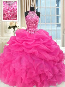 Fancy See Through Beaded Bodice Hot Pink Ball Gowns Beading and Ruffles and Pick Ups 15 Quinceanera Dress Lace Up Organza Sleeveless Floor Length