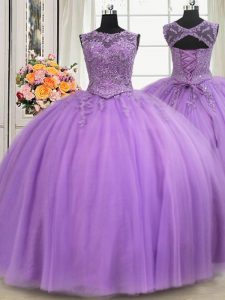Enchanting See Through Lavender Sleeveless Beading and Appliques Floor Length Ball Gown Prom Dress