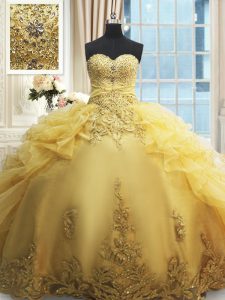 Beading and Appliques and Ruffles Sweet 16 Quinceanera Dress Gold Lace Up Sleeveless Floor Length