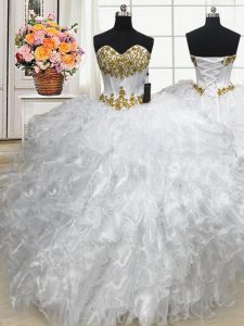 White Organza Lace Up Sweetheart Sleeveless Floor Length Quince Ball Gowns Beading and Ruffles