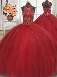 Halter Top Sleeveless Court Train Beading and Appliques Lace Up Sweet 16 Quinceanera Dress