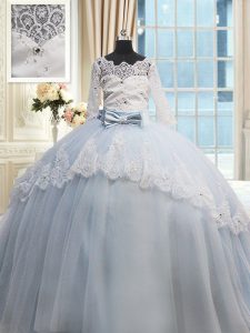 Custom Fit Scalloped Light Blue Half Sleeves Brush Train Beading and Lace and Bowknot Ball Gown Prom Dress