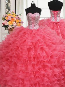 Luxurious Beaded Bodice Coral Red Sweetheart Lace Up Beading and Ruffles Sweet 16 Dress Sleeveless