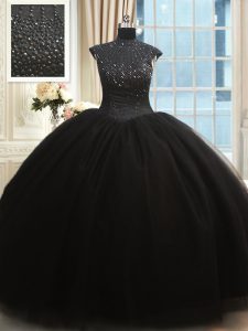 Customized High Neck Beading Quinceanera Dress Black Zipper Cap Sleeves Floor Length