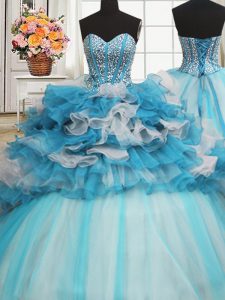 Dazzling Visible Boning Beaded Bodice Blue And White Lace Up Sweet 16 Dresses Beading and Ruffled Layers Sleeveless Floor Length