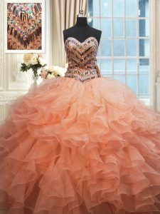 Beaded Bodice Watermelon Red and Peach Sweetheart Lace Up Beading and Ruffles 15th Birthday Dress Sleeveless