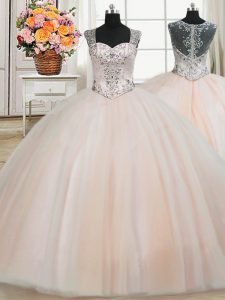See Through Back Zipper Up Peach Ball Gowns Straps Cap Sleeves Tulle Floor Length Zipper Beading Quince Ball Gowns
