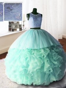 Elegant Scoop Organza and Tulle and Lace Sleeveless With Train Vestidos de Quinceanera Brush Train and Beading and Lace and Ruffles