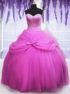 Nice Floor Length Lace Up Vestidos de Quinceanera Lilac for Military Ball and Sweet 16 and Quinceanera with Beading and Sequins and Bowknot