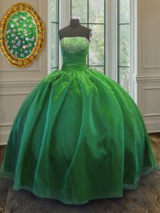 Dramatic Green Lace Up Strapless Sequins Vestidos de Quinceanera Organza Sleeveless